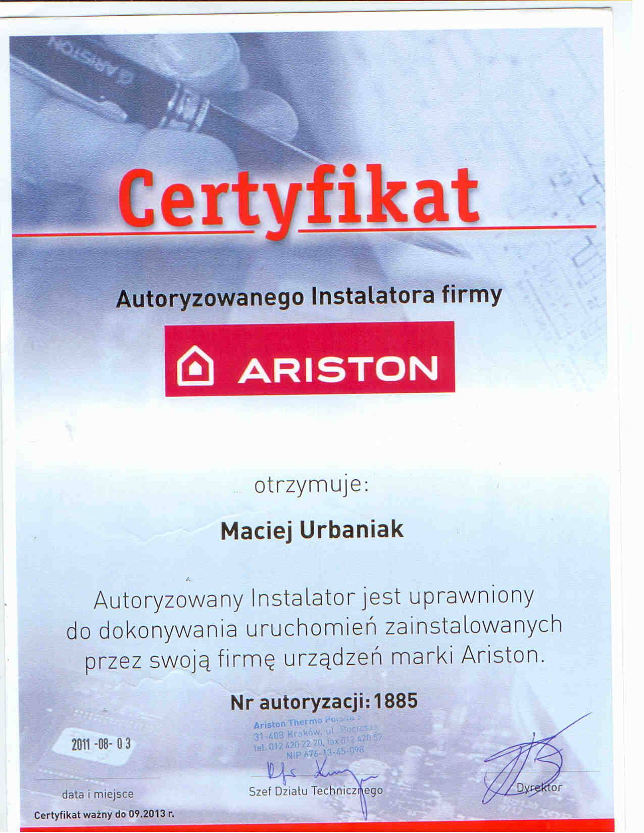 Ariston- certyfikat dla Santech Piła