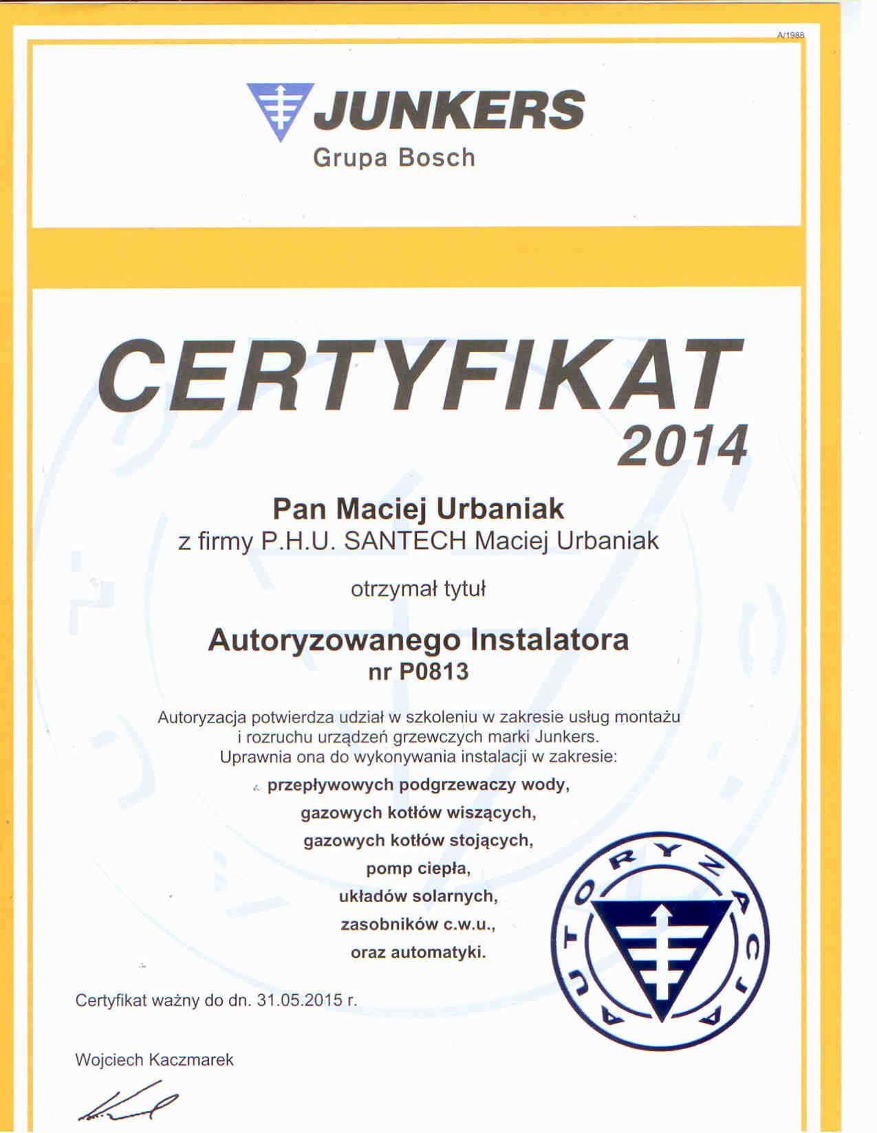 Junkers- certyfikat autoryzowanego instalatora Santech